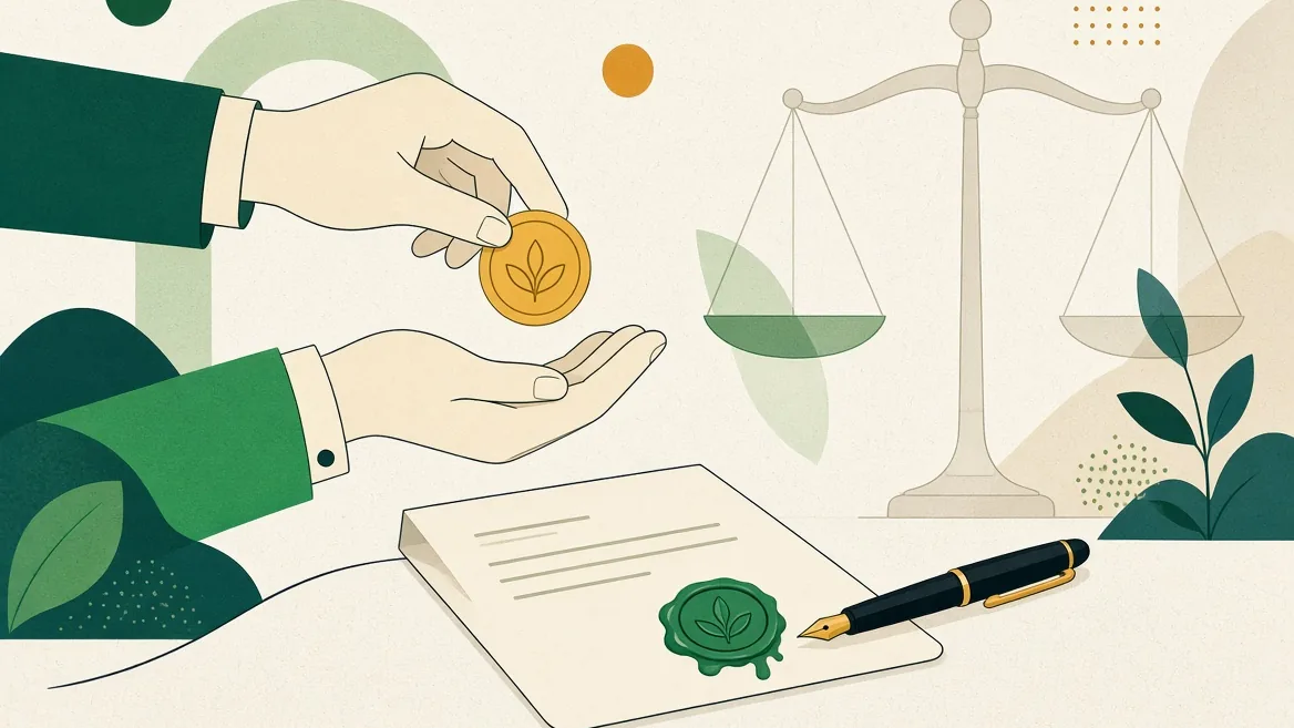 Ilustrație: Două mâini care își trec o monedă deasupra unui document cu sigiliu de ceară și stilou