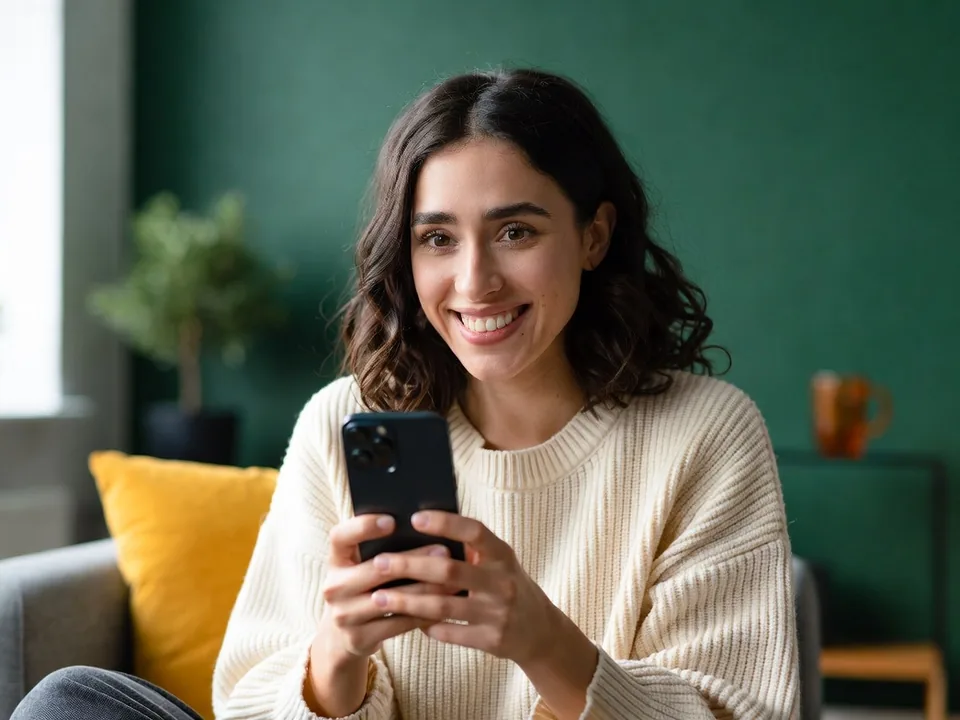 Femeie zâmbind în timp ce primește pe telefon aprobarea unui credit online